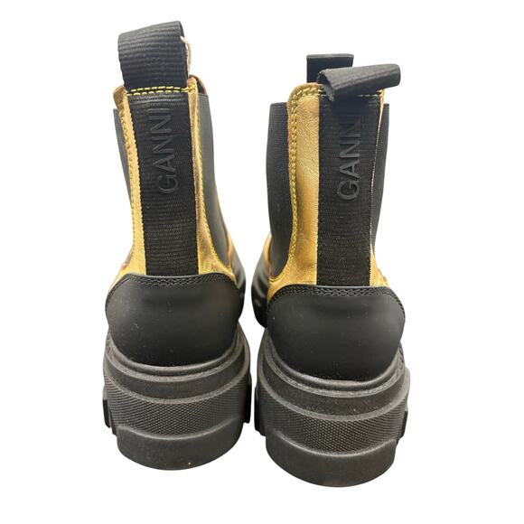 Ganni Low Chelsea Boots Metallic Leather Chunky Lug Sole Cyberpunk Gold Sz 10 - Picture 8 of 10